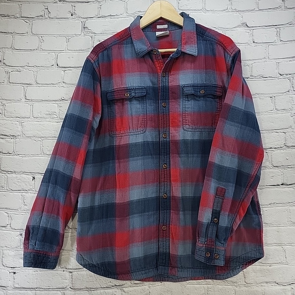 Columbia Flannel Shirt Mens Sz L Large Red Blue Plaid